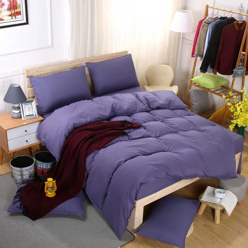 古典的なシンプルなソリッドカラー寝具セットキングクイーンフルツインサイズ純紫羽毛布団カバーフラットシートピローケースセット3,4-PC 211007