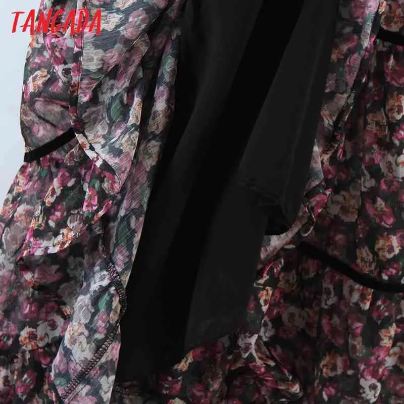 Primavera moda mujer flores estampado gasa manga larga Vintage señoras Midi vestido SL162 210416