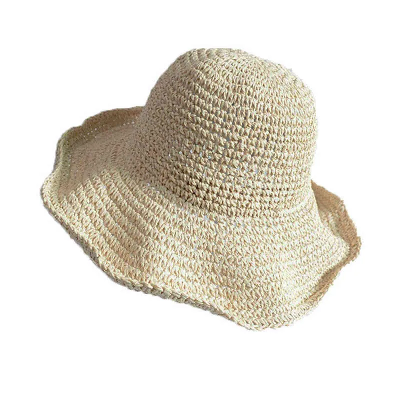 2019 été disquette pliable dames paille plage chapeau de soleil Beige kaki taille unique large Sunhat G220301