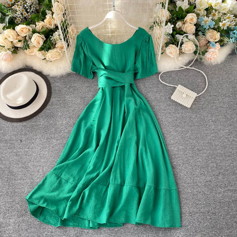 Koreanischen Stil Sommer Kleider Solide Zurück Bandage Elegante Prinzessin Vestidos A-line Roben Kleid Frauen 17175 210415