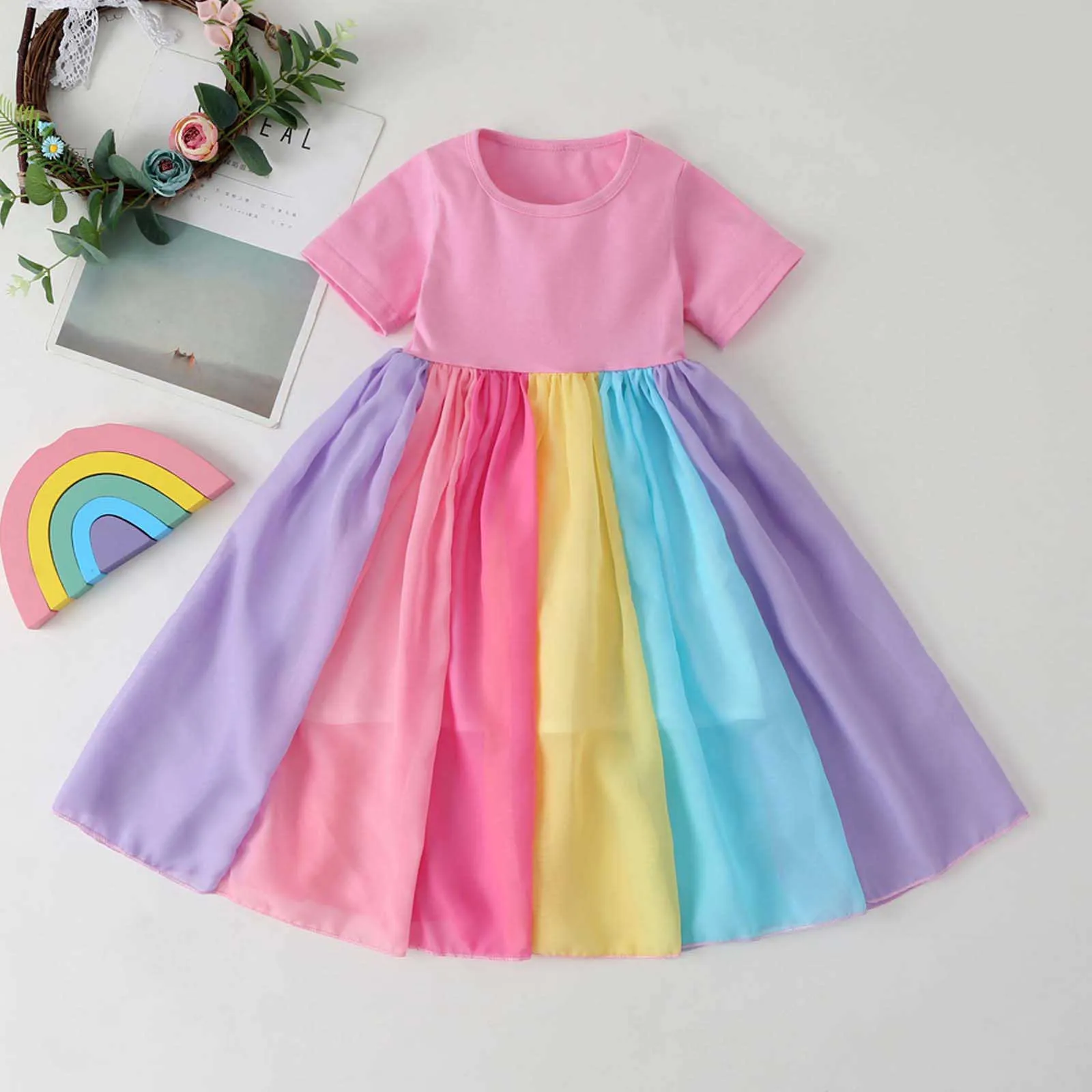 Mädchen Kleider Baby Mädchen Kleidung Kleinkind Kinder Baby Mädchen Sommer Kurzarm Regenbogen Mesh Kleid Prinzessin Kleid Kinder Kleidung Q0716