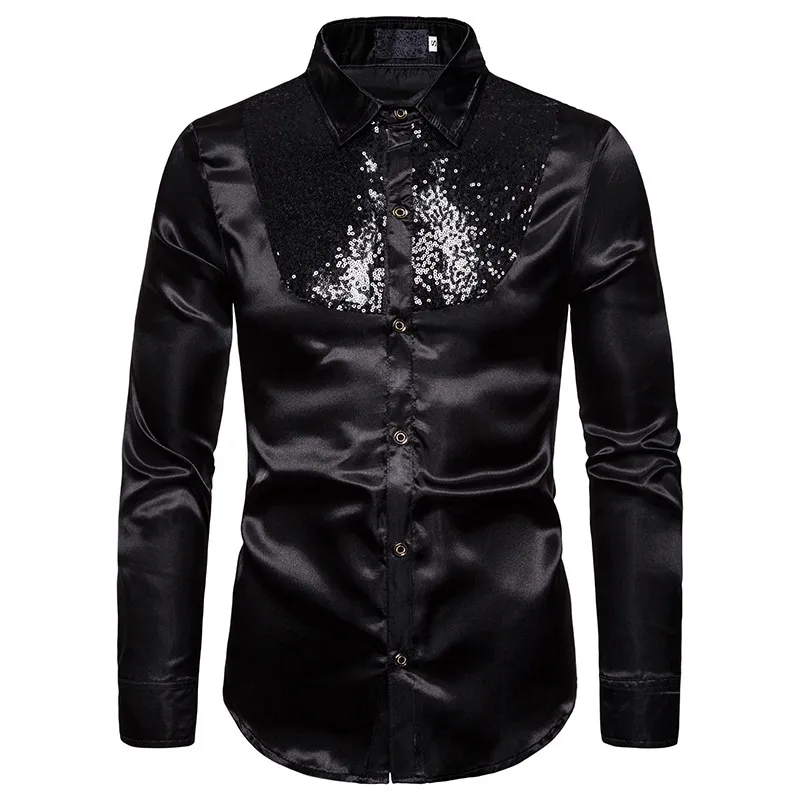 Men's Silk Satin Smooth Shirt Luxury Gold Sequin Tuxedo Shirt Party Stage Performance Wedding Dress Shirts Chemise Homme 210524