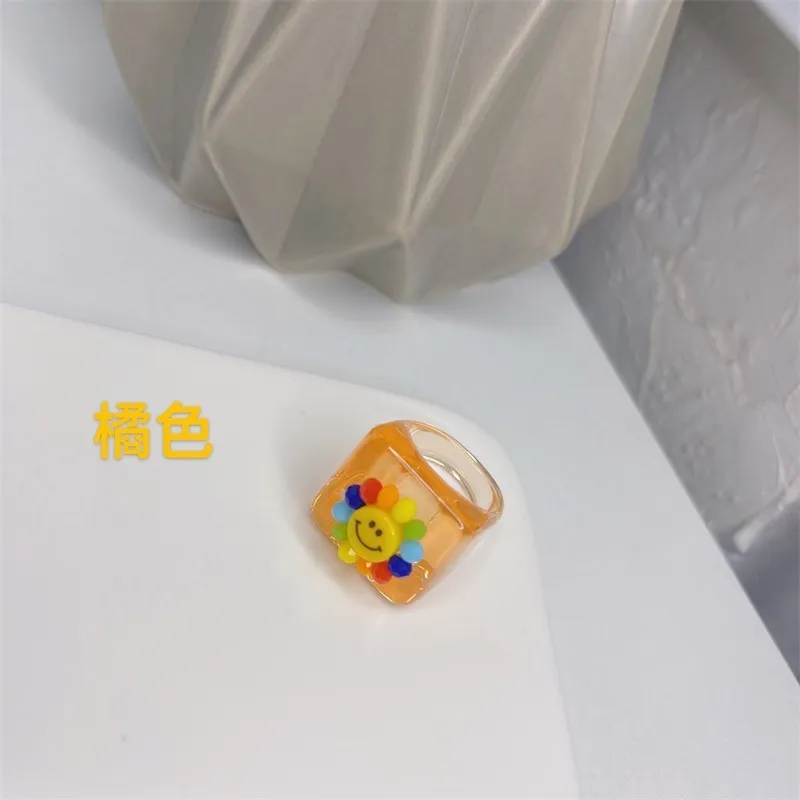 Bagues d'été coréennes en résine arc-en-ciel, 10 pièces, colorées, jaune, Smiley, fleur de tournesol, pour femmes et filles, bijoux tendance, cadeaux 2021