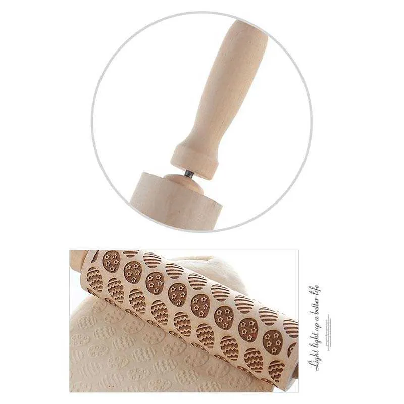 Christmas Embossed Rolling Pin Wood Carved Cookies Biscuit Fondant Dough Baking Engraved Printed Roller Holiday Gifts 211008