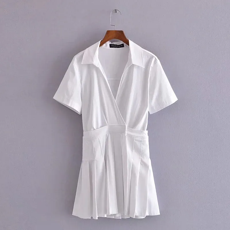 Box Pleated White Short Jumpsuit Dress Women Summer Fashion Wrap Sleeve Mini Woman Casual es 210519