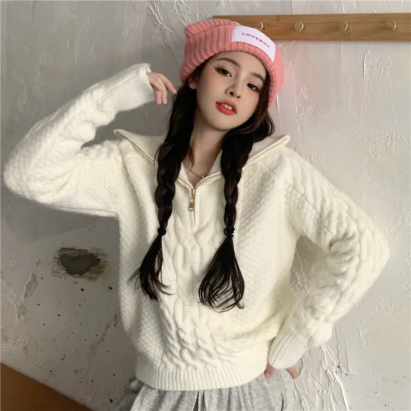 Zip-up gebreide vrouwen trui pullover herfst winter volledige mouw mock nek jumpers Koreaanse mode dames tops femme 210513