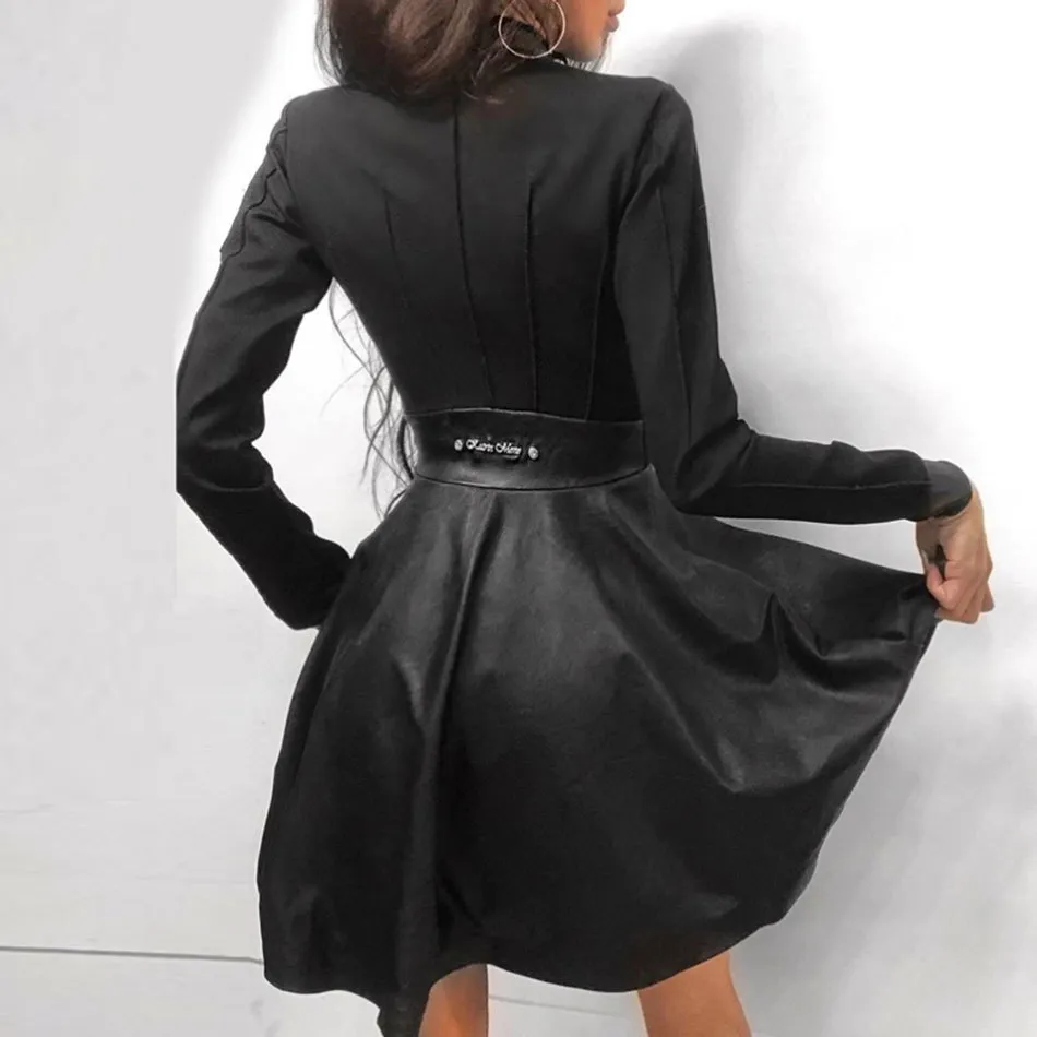 Free Faux Leather Stitching Dress Stand Collar Long Sleeve Front Zip A-line Mini Club Wearing Sexy 210524