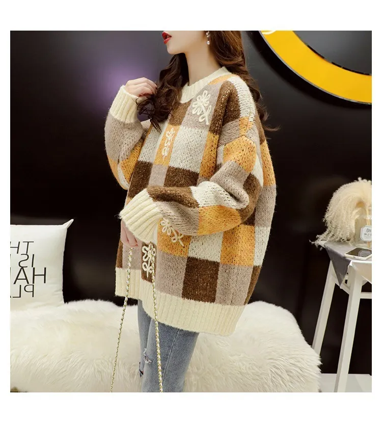 H.SA FEMME CHANDILS Cartoon Cute Bow Pullovers Oversized Pull Jumpers Patchwork Plaid Sweater Jersey Mujer Knitwear 210417