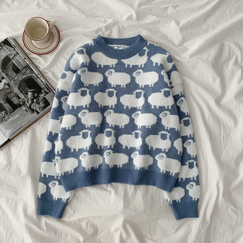 Jacquard Mujer Sueteres Vintage Cartoon Mignon Kawaii Femme Chandails Style Preppy Ins Casual Pulls 19034 210415