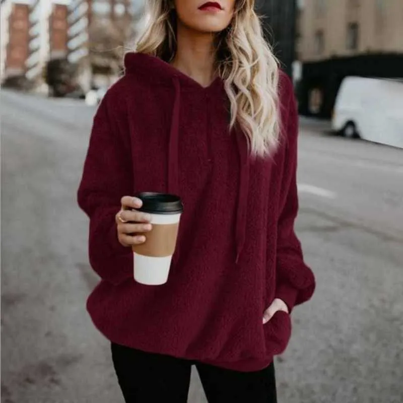 Winter Dames Sherpa Hoodies Oversized Fleece Hooded Pullover Losse Pluizige Jas Warm Streetwear Hoodies 210928