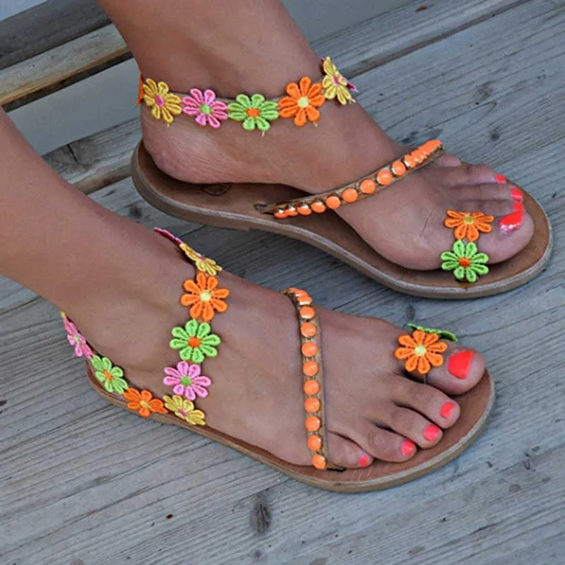 Chaussures d'été femme gladiateur sandales femmes plat mode Weet fleurs Boho plage dames 44 Y0721