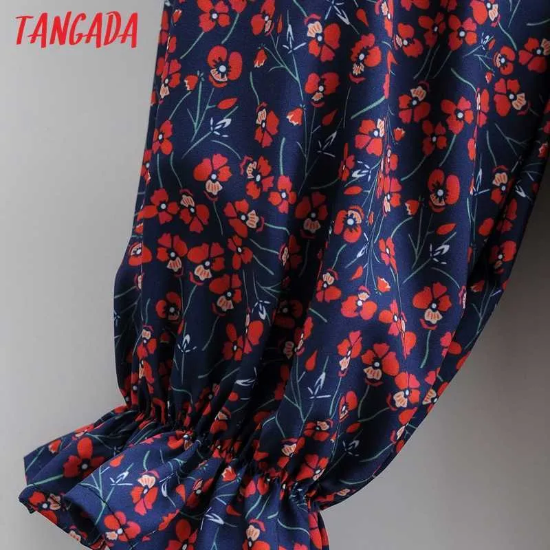 Tangada femmes marine fleurs imprimer robe ample volants nœud à manches longues haute rue dames Vintage robe mi-longue SY56 210609