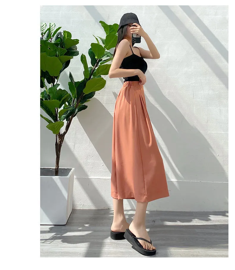 여성의 느슨한 쉬폰 카프리스 바지 여름 높은 허리 넓은 다리 아가씨 솔리드 컬러 A 라인 퀼트 한국 패션 여성 210514