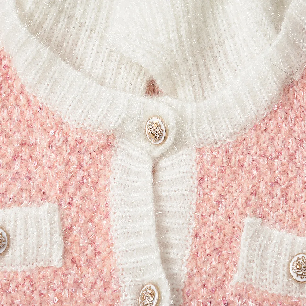 2021 Automne automne manches longues manches couches rose / bleu pull style français scintillant tricoté tricoté tricoté tricoté cardigan cardigan à poitrine G121015