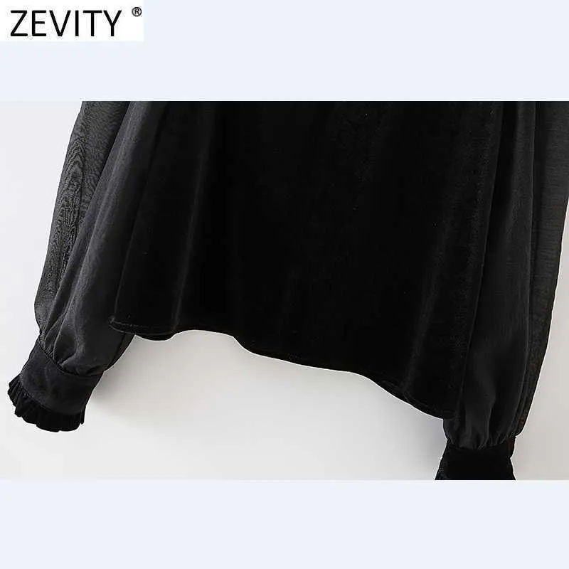Zevity Women Fashion Organza Ruffles Patchwork Velvet Smock Blouse Office Ladies Basic O Neck Shirt Chic Blusas Tops LS7470 210603