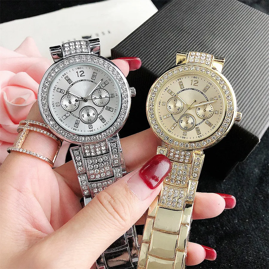 Marke Uhren Frauen Dame Mädchen Kristall Diamant 3 Zifferblätter Stil Metall Stahl Band Quarz Armbanduhr FO15