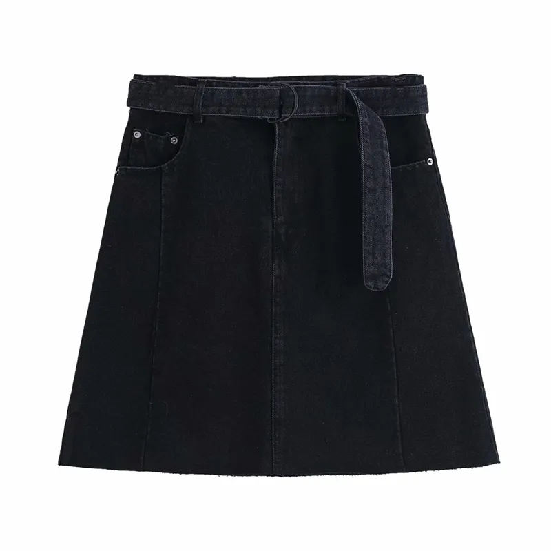 Streetwear Women Denim A-Line Kjolar Mode Ladies Pocket Belt kjol Elegant Kvinna Chic Bomull 100% Patchwork 210427
