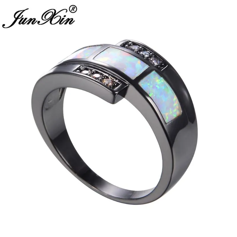 Anéis de casamento Junxin White Fire Opal Ring com zircão Vintage Black Gold Childed Jewelry for Men and Women Christmas Day Gift304Y