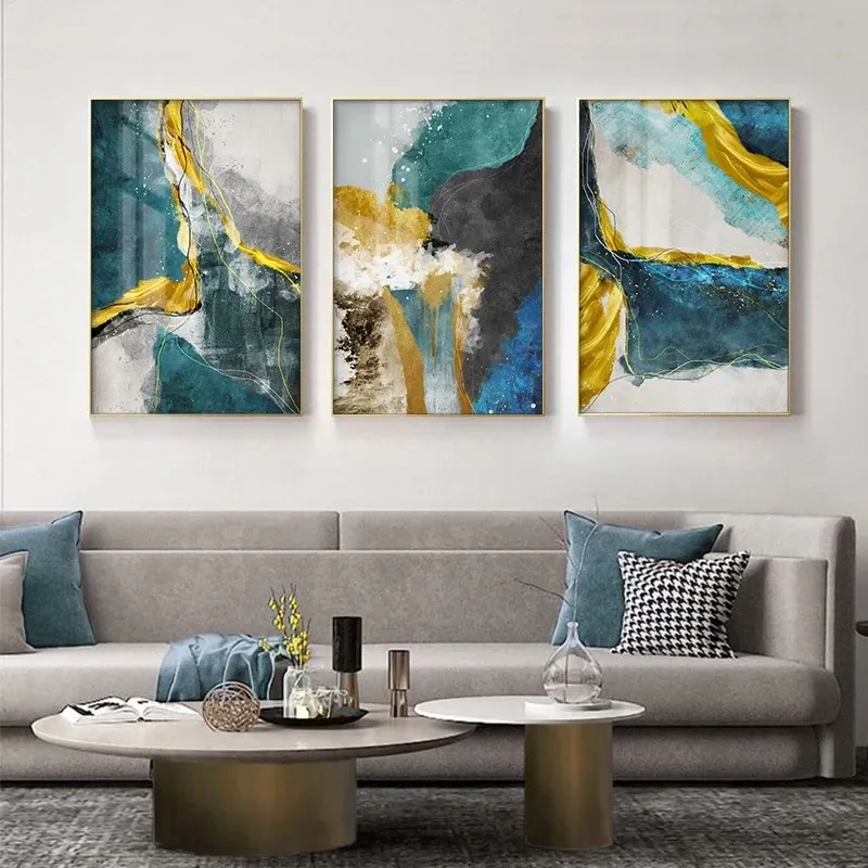 Art abstrait toile peinture doré et vert affiches imprime moderne minimaliste bleu mur Art photo pour salon décor à la maison