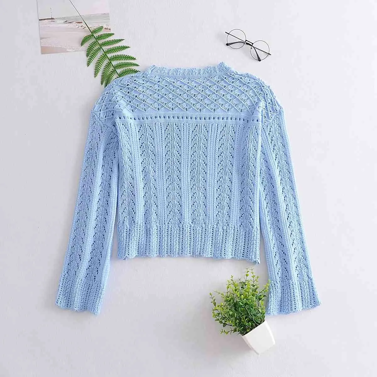 Femmes surdimensionnées Pull tricoté Automne Hiver Casual Hollow Out Vintage Pulls Cropped Blue Sweater Jumper 210415