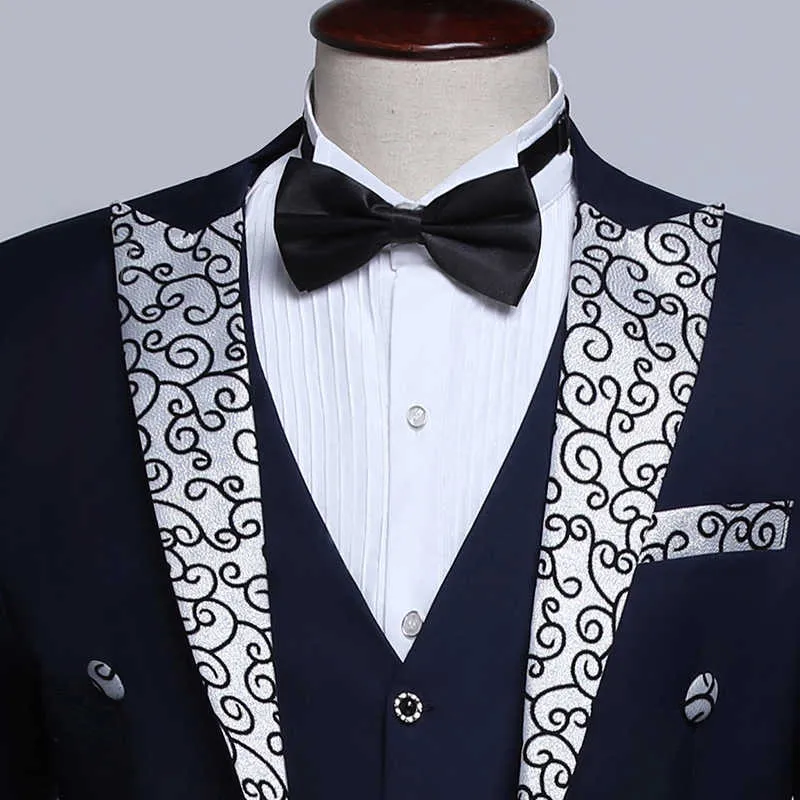 Pyjtrl mannelijke mode zwarte marineblauw wit floral revers bruiloft bruidegoms tailcoat tuxedo avondfeest kostuums zangers pak mannen x0909