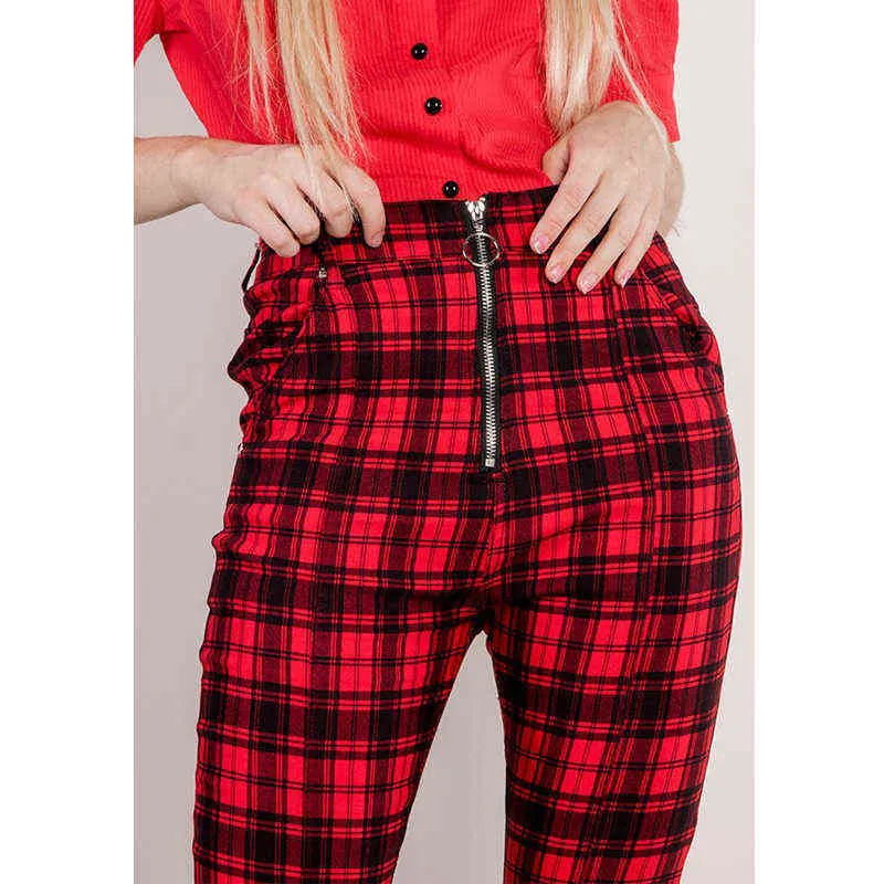 Gothic Plaid Hosen Frauen Hohe Taille Dünne Flare Frühling Sommer Punk Streetwear Frau Zipper Y2K Lange Böden Hosen 211115