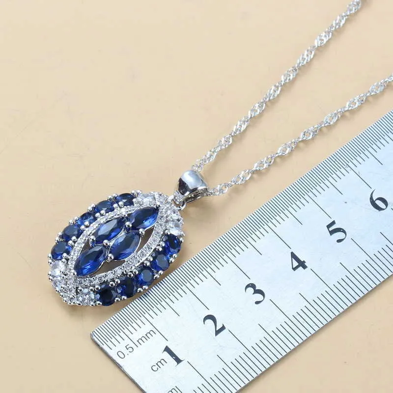 Conjuntos de joyería grande para boda, accesorios de moda para mujer, collar y pendientes de circón azul, conjuntos de anillos, joyería de es H1022