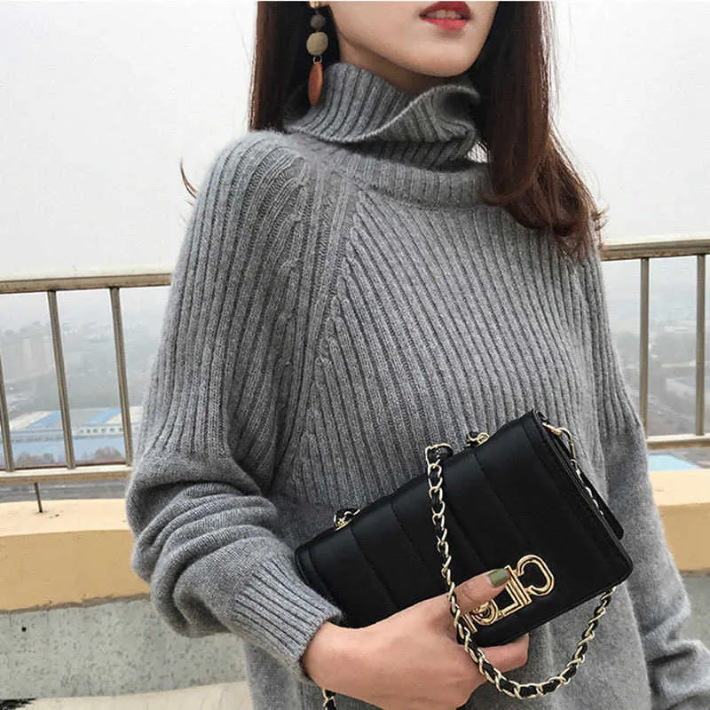 Dames Trui Fall Winter Turtleneck Pullovers Solid Stretch Gestreepte Koreaanse Top Casual Gebreide Bottoming Clothes Black 211011