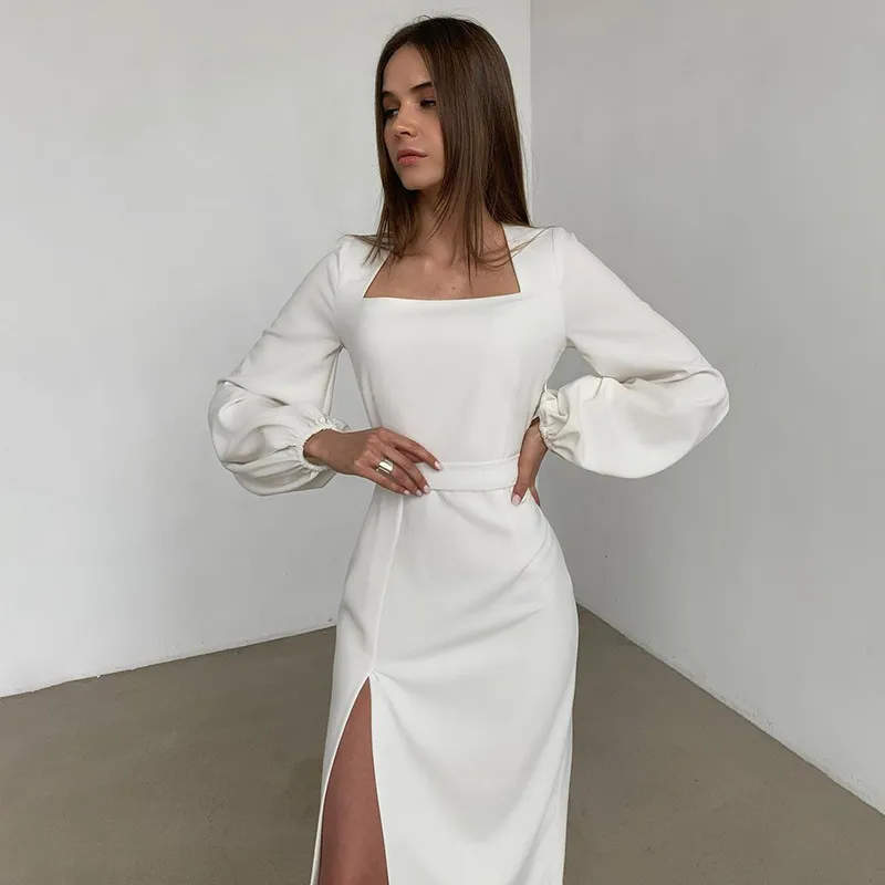 Mode Printemps U Cou Côté Fente Élégante Robe Midi Femme Sexy Slim Vintage Robe À Manches Longues Pour Femmes A-Line Robe Robes 210514