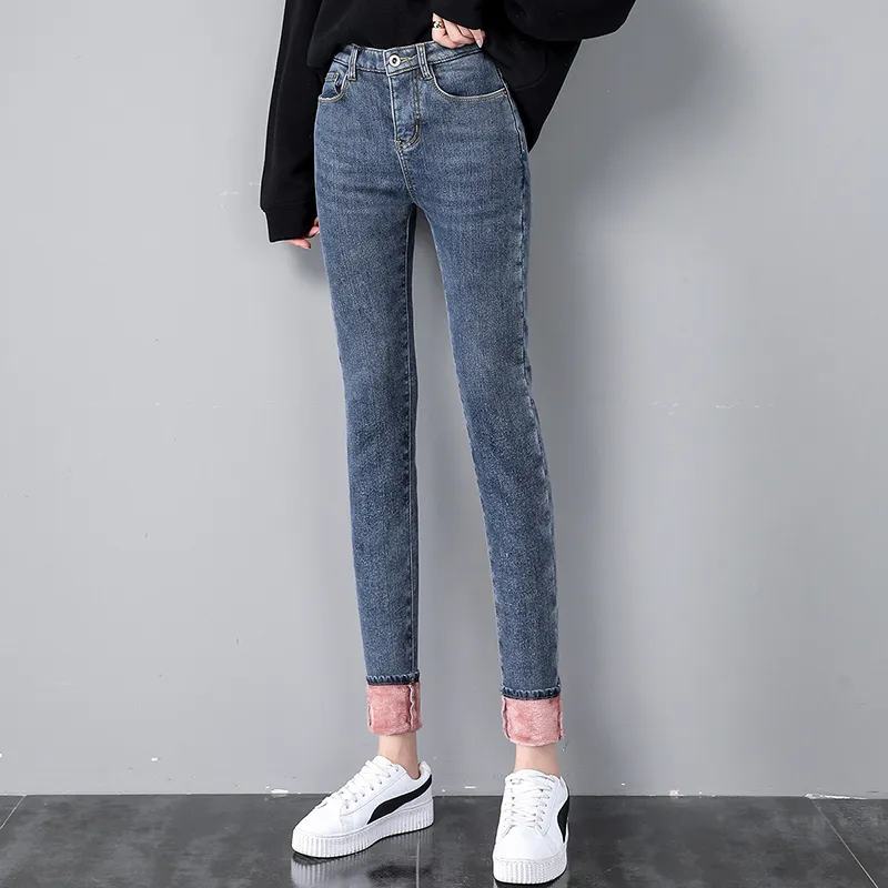 Taille haute moulant avec pantalon femmes hiver Style coréen mince épaissir Plus polaire jean pour vêtements d'extérieur 11993 210415