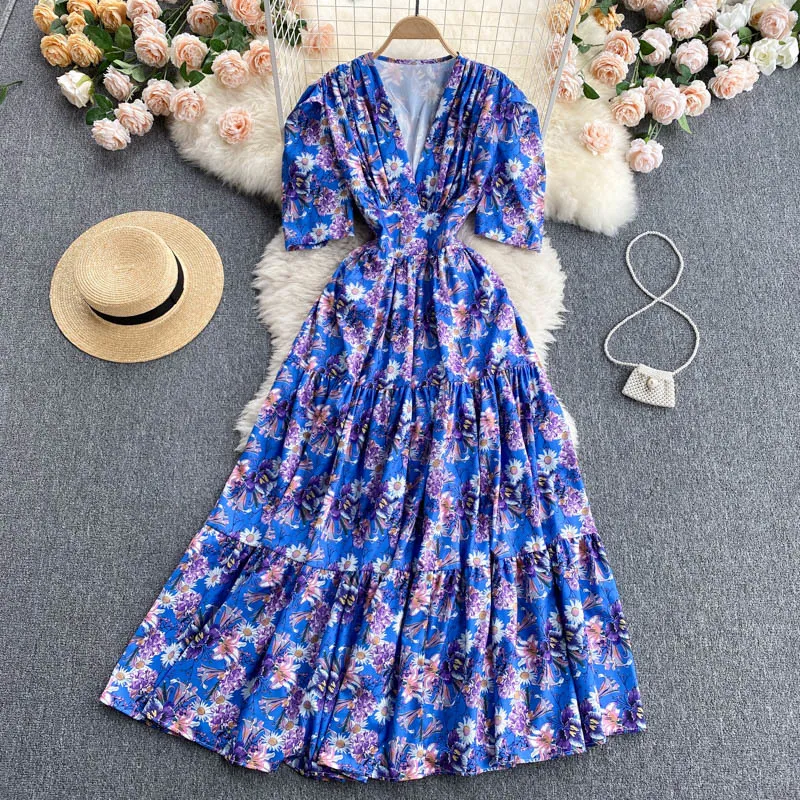 Été Sexy violet Floral Mixi Robe femmes Femme Robe col en v mince manches bouffantes vacances longues dames Vestidos 210514