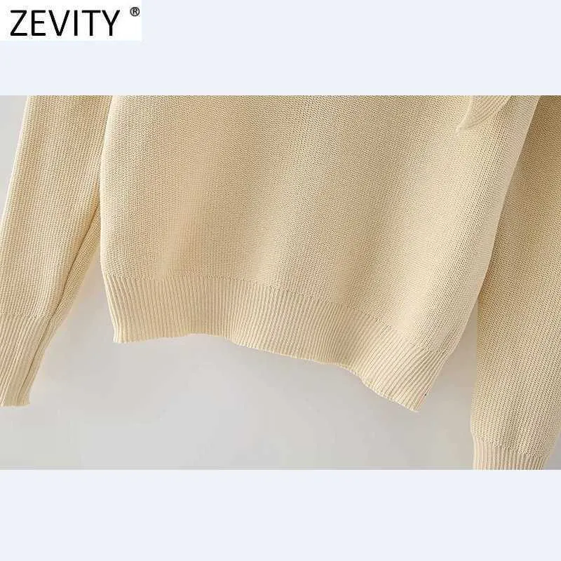 Zeveity Женская мода отключить воротник сплошной вязание свитер женское Chic Pliats Plife Wep Plays повседневные тонкие пуловеры Tops S641 210603