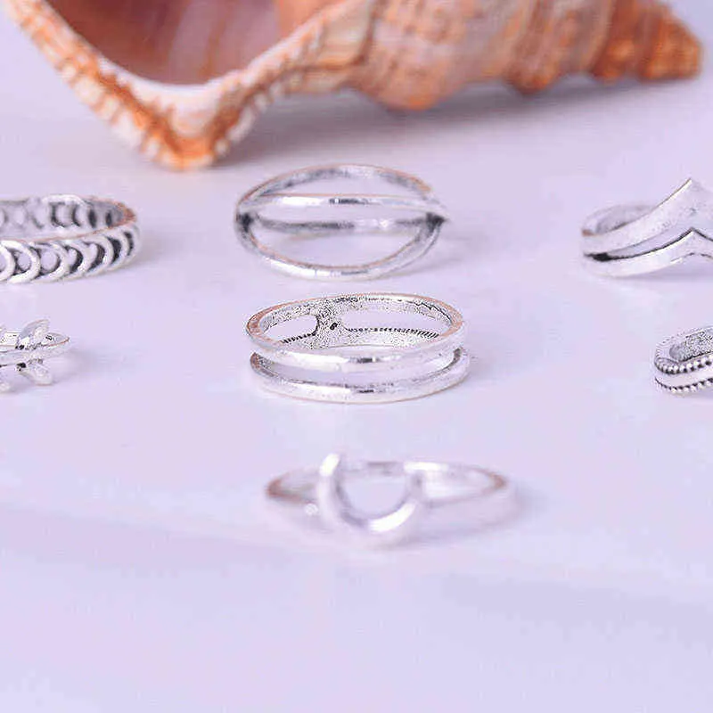 7 шт. Установите кольцо набор для женщин Пару кольца 2021 Новый модный готель ретро листовые луны розовые кольца для мужчин оптом G1125