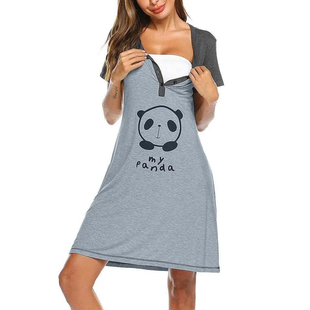 NEUE Sommer Schwangerschaft Pyjamas Frauen Mutterschaft Kurzarm Nette Print Pflege Nachthemd Stillen Kleid Q0713