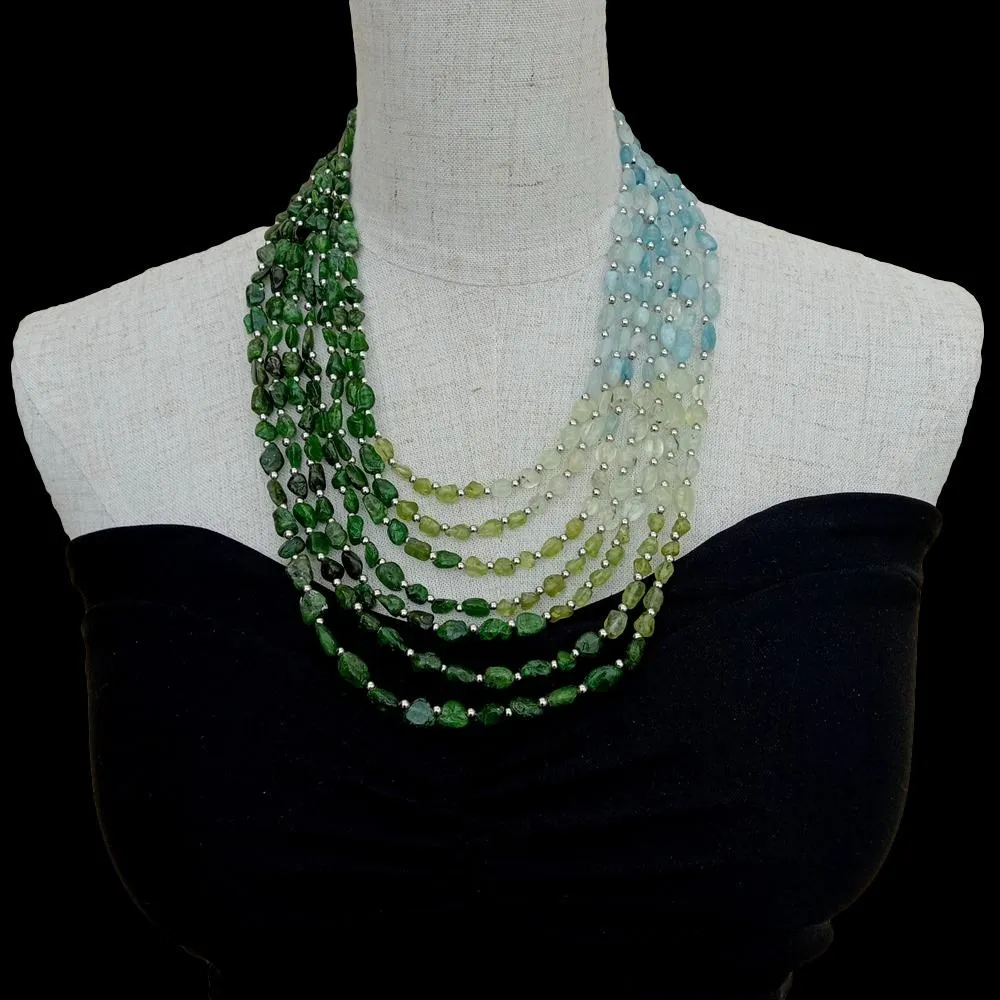 YYGEM 7 Strands Natural Aquamarine Peridot Diopside Prehnite FreeFrom Statement Halsband Vintage Style för kvinnor