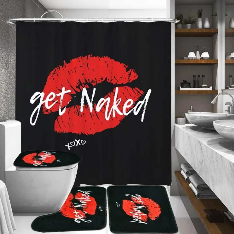 Ensemble de rideaux de salle de bain à lèvres rouges, tapis de bain, rideaux de douche avec crochets, tapis de piédestal antidérapant noir, couverture de toilette 180x180cm299U