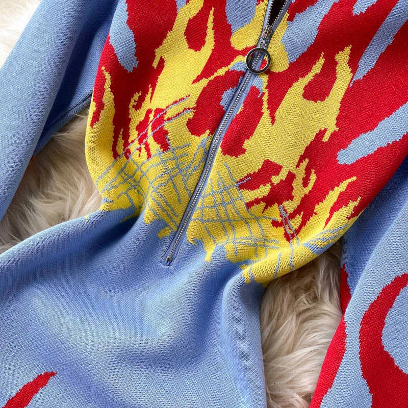 Design Flame Robe tricotée Femmes Fermeture à glissière Collier à manches longues Robes minces Automne Hiver Moulante Robe de pull chaude 210602