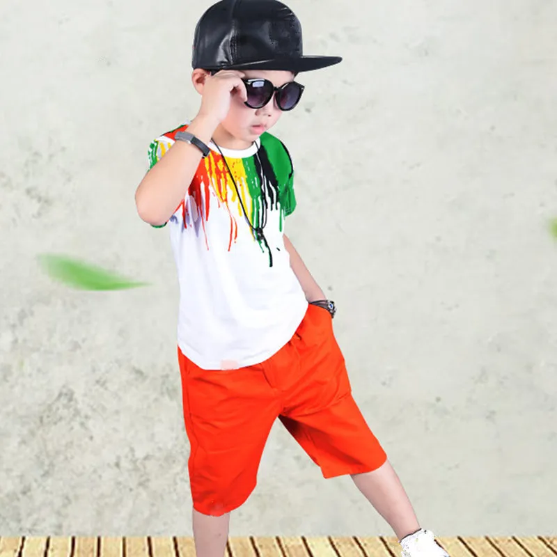 Chłopcy odzież zestaw lato sport baby boy ubrania moda dzieci pasek kolorowy t-shirt + krótkie spodnie 2 sztuk 210515