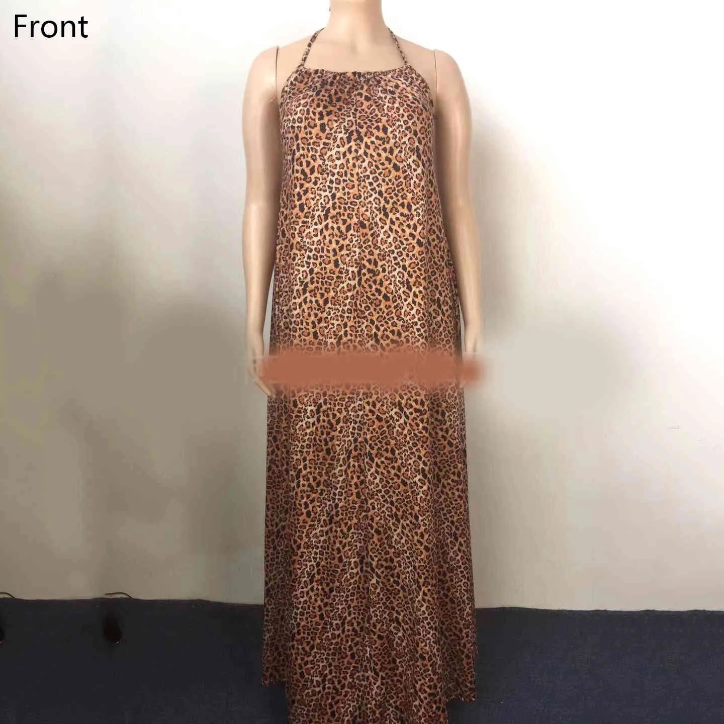 Платье для печати леопарда плюс размер 4XL 5XL для африканских дам Холтер высокой талии Длина полоса с бензорной элегантной вечерней ночной тканью 210510
