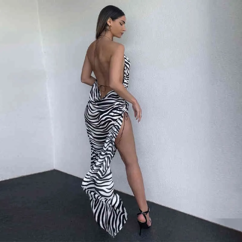 Y2K Senza maniche Backless Halter Fessura Zebra Stripes Stampa Sexy Maxi Slip Dress Summer Women Fashion Club Abiti lunghi 210517