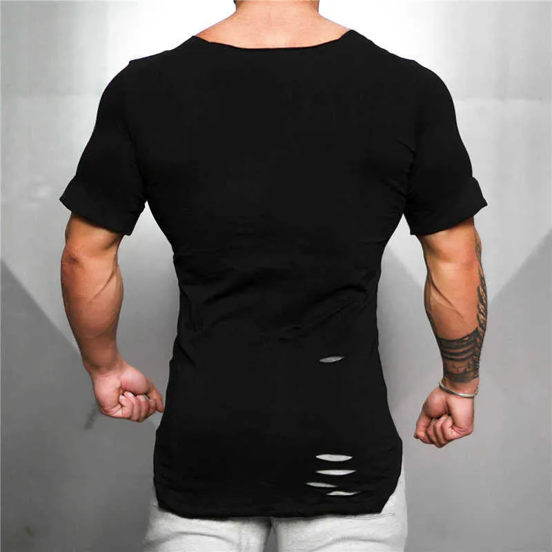 Cotton Men's T shirt Vintage Ripped Hole T-shirt Fashion Casual Top Tee Hip Hop Activewears Fitness Tshirt Male 210629