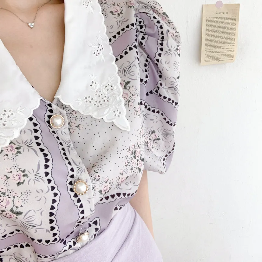 Tempérament coréen doux col de poupée en mousseline de soie imprimé femmes blouses mode manches bouffantes bureau chic blusas 210518