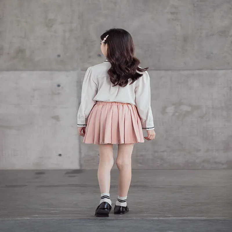 Vårkoreanska stil Tonårsflickor 2-st uppsättningar Vitskjortor + Solid Färg Pläterad Kjol Barnkläder E1362 210610