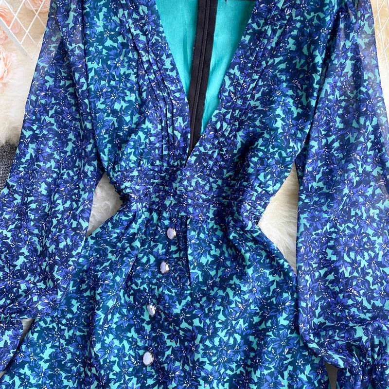 Sexy Blau Gedruckt Einreiher Mini Kleid Frauen V-ausschnitt Laterne Langarm Hohe Taille Rüschen Vestidos Urlaub Strand Sommer Y0603
