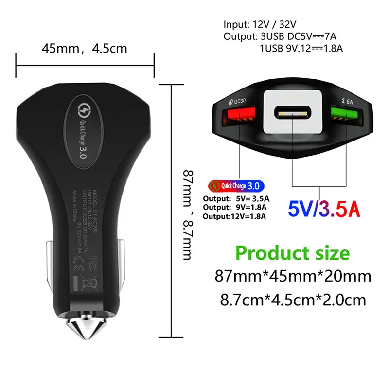 3.0 3 USB 자동차 충전기 빠른 충전 3.0 3 포트 자동차 용 고속 충전기 iPhone Xiaomi Mi 9 Redmi 용 전화 충전 어댑터