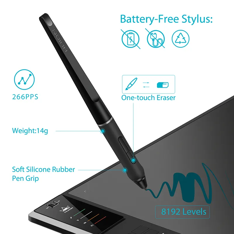 HUION Giano WH1409 V2 Tablette de dessin graphique à stylet numérique sans fil avec fonction d'inclinaison Batterie - Stylet