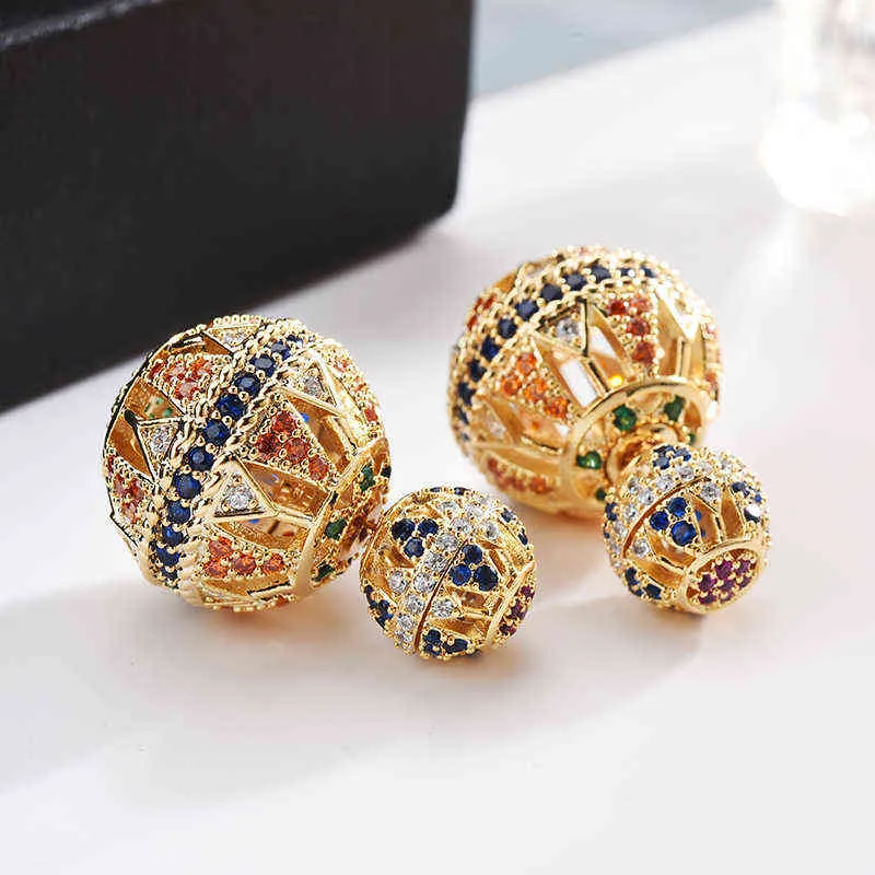 Luxury Hollow Designer Colorful Zircon Two Side Ball Orecchini Vintage Enthic Jewelry For Women Party Gift Zk30 220125