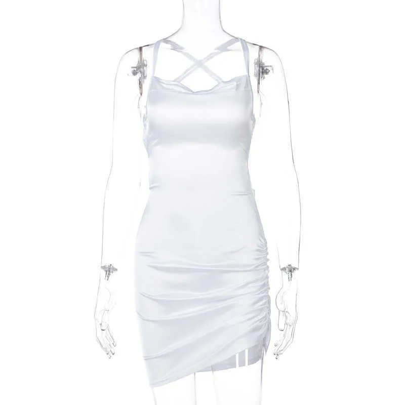 Sexy Spaghettiträger mit seitlichem Kordelzug, verstellbares Low-Cut-Kleid für Frauen, geraffte Spitze, Kreuzverband, rückenfrei, figurbetont, Party, Clubwear 210604