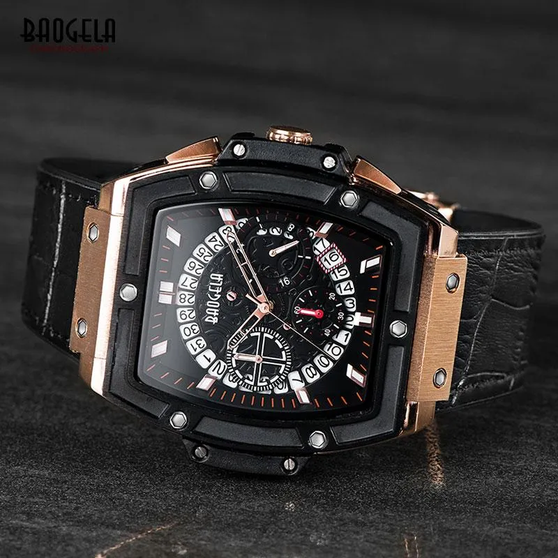 Baogela Chronograph Waterproof Quartz Wrist Watches for Men Rose Gold Leather Sports Watch Words Relojios Masculinos 1703Rose Wristw284p