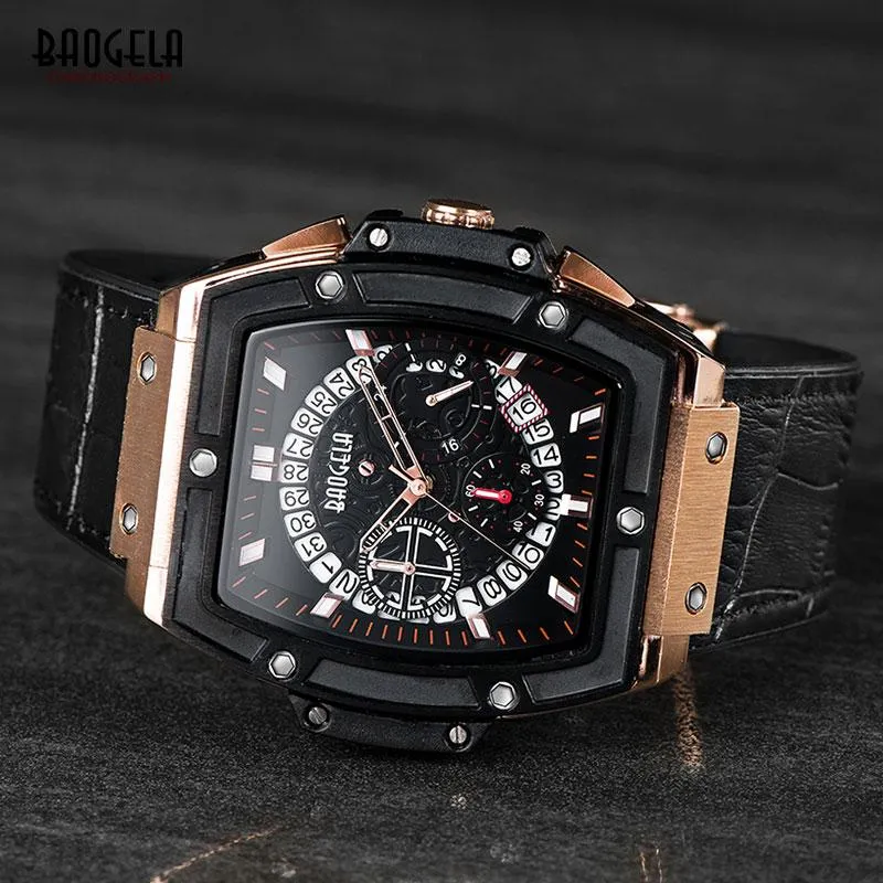 Baogela chronographe étanche montres à quartz pour hommes en cuir or Rose chronomètre de sport Relojios Masculinos 1703Rose Wristw199L